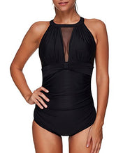 Load image into Gallery viewer, Tempt Me Women One Piece Swimsuit High Neck V-Neck Mesh Ruched Swimwear Black L