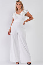Load image into Gallery viewer, Plus Sleeveless Satin Ruffle Shoulder Detail V-neck Wide Leg Jumpsuit