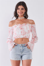 Load image into Gallery viewer, Leaf Print Off-the-shoulder Long Flounce Sleeve Self-tie Front Cropped Top