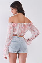 Load image into Gallery viewer, Leaf Print Off-the-shoulder Long Flounce Sleeve Self-tie Front Cropped Top
