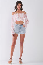 Load image into Gallery viewer, Leaf Print Off-the-shoulder Long Flounce Sleeve Self-tie Front Cropped Top