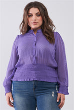 Load image into Gallery viewer, Plus Size Mesh Polka Dot Balloon Sleeve Button-down Smock Detail Blouse Top