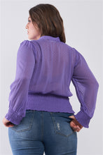 Load image into Gallery viewer, Plus Size Mesh Polka Dot Balloon Sleeve Button-down Smock Detail Blouse Top