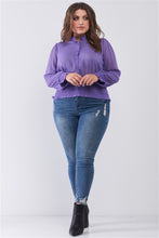 Load image into Gallery viewer, Plus Size Mesh Polka Dot Balloon Sleeve Button-down Smock Detail Blouse Top