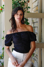 Load image into Gallery viewer, Textured Ruched Detail Smocked Back Short Balloon Sleeve Crop Top