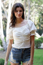 Load image into Gallery viewer, Textured Ruched Detail Smocked Back Short Balloon Sleeve Crop Top