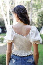 Load image into Gallery viewer, Textured Ruched Detail Smocked Back Short Balloon Sleeve Crop Top