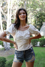 Load image into Gallery viewer, Textured Ruched Detail Smocked Back Short Balloon Sleeve Crop Top