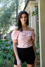 Load image into Gallery viewer, Textured Ruched Detail Smocked Back Short Balloon Sleeve Crop Top