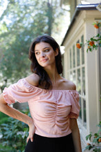 Load image into Gallery viewer, Textured Ruched Detail Smocked Back Short Balloon Sleeve Crop Top