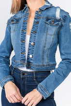 Load image into Gallery viewer, DISTRESSED BACK CROPPED DENIM JACKET
