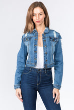 Load image into Gallery viewer, DISTRESSED BACK CROPPED DENIM JACKET

