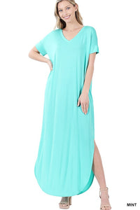 VISCOSE SIDE SLIT V-NECK SHORT SLEEVE MAXI DRESS
