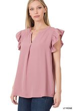 Load image into Gallery viewer, WOVEN WOOL PEACH RUFFLED  SLEEVE HIGH-LOW TOP
