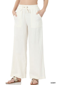 LINEN DRAWSTRING-WAIST PANTS WITH POCKETS