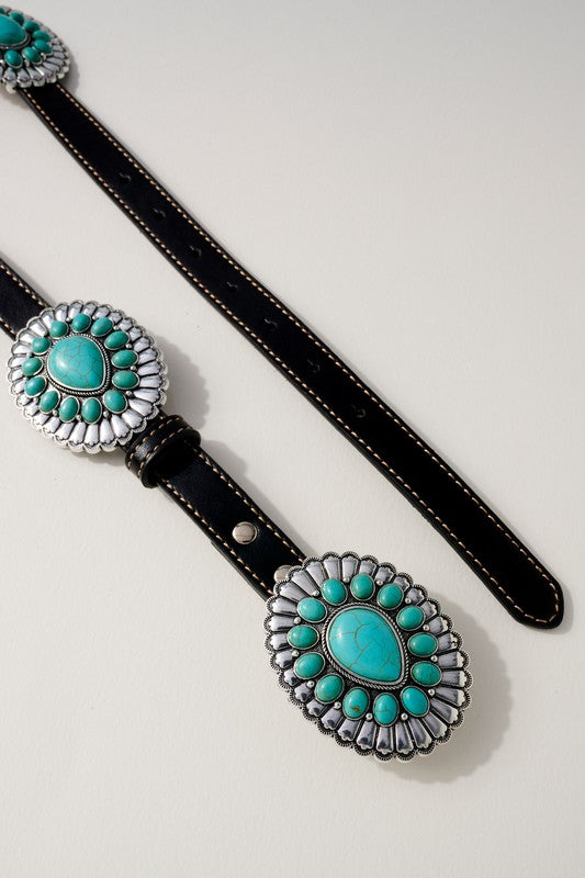 Western Concho Stone Leather Belt
