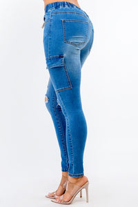 HIGH WAIST CARGO POCKETS DENIM JOGGERS