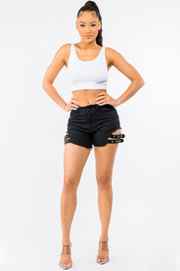 PLUS SIZE HIGH WAIST CUT OUT SHORTS WITH BUCKLES
