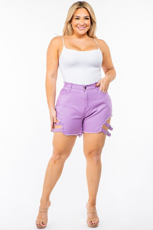 PLUS SIZE HIGH WAIST CUT OUT SHORTS WITH BUCKLES