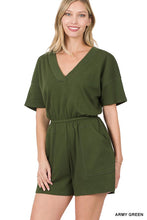 Load image into Gallery viewer, DROP SHOULDER V-NECK ROMPER WITH POCKETS
