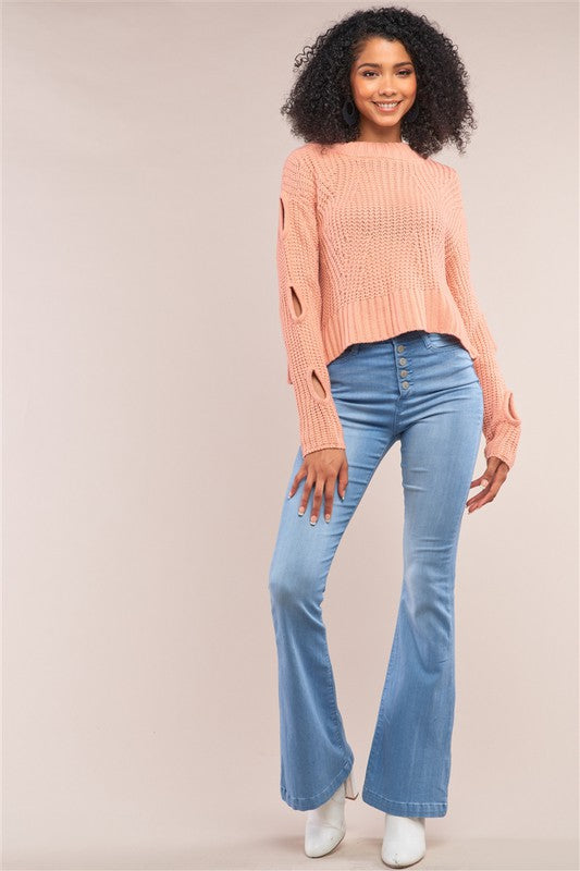 Cut-Out Detail Sleeve Cable Knit Cropped Sweater