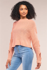 Cut-Out Detail Sleeve Cable Knit Cropped Sweater