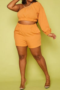 Plus Size One Sleeve Crop Top & Shorts Set
