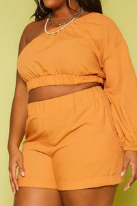 Plus Size One Sleeve Crop Top & Shorts Set