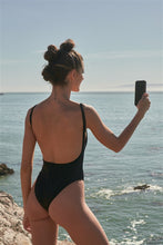 Load image into Gallery viewer, Black Solid Round Neck 1 Piece Swimsuit
