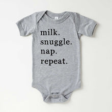 Load image into Gallery viewer, Milk Snuggle Nap Repeat Baby Onesie
