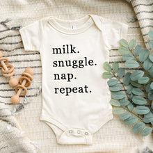Load image into Gallery viewer, Milk Snuggle Nap Repeat Baby Onesie
