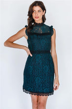 Load image into Gallery viewer, Floral Lace Mock Neck Ruffle Trim Mini Dress
