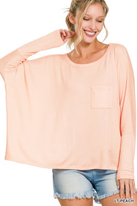 DOLMAN SLEEVE ROUND NECK TOP WITH FRONT POCKET