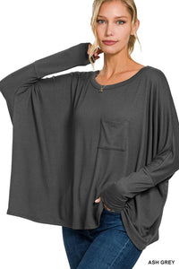 DOLMAN SLEEVE ROUND NECK TOP WITH FRONT POCKET