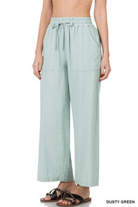 LINEN DRAWSTRING-WAIST PANTS WITH POCKETS