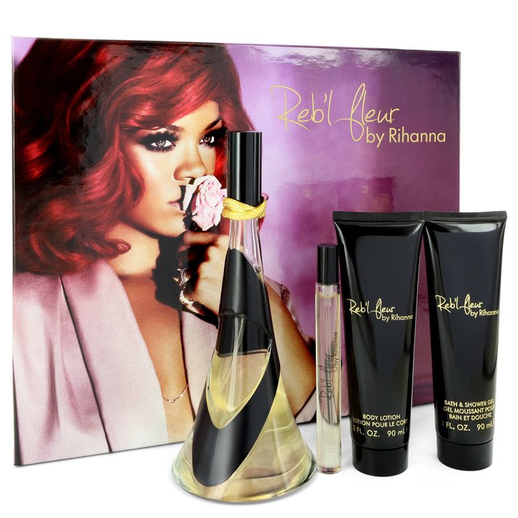 Reb'l Fleur by Rihanna Gift Set -- 3.4 oz Eau De Parfum Spray + 3 oz Body Lotion + 3 oz Shower Gel + .34 oz Mini EDP Spray for Women