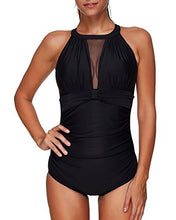Load image into Gallery viewer, Tempt Me Women One Piece Swimsuit High Neck V-Neck Mesh Ruched Swimwear Black L
