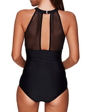 Load image into Gallery viewer, Tempt Me Women One Piece Swimsuit High Neck V-Neck Mesh Ruched Swimwear Black L
