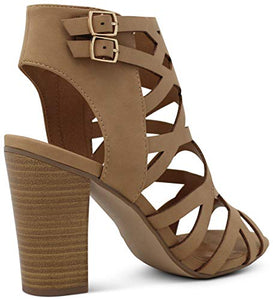 Marco Republic Casablanca Women's Open Toe Strappy Laser Cutout Caged Chunky High Heels Dress Sandals - (Sand NB)