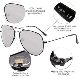 SOJOS Classic Aviator Polarized Sunglasses Mirrored UV400 Lens SJ1054 with Black Frame/Silver Mirrored Lens