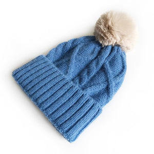 Cable-knit Pom Beanie Hat Vegan Faux Fur