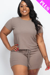 Plus Size Ribbed Top and Bottom Shorts Set