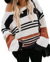 Load image into Gallery viewer, KIRUNDO Women’s Stripe Color Block Short Sweater Long Sleeves Stitching Color Round Neck Loose Pullovers Jumper Tops
