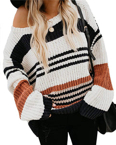 KIRUNDO Women’s Stripe Color Block Short Sweater Long Sleeves Stitching Color Round Neck Loose Pullovers Jumper Tops