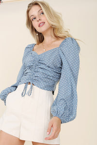 Ruched Polka Dot Crop Top with Puff Sleeves