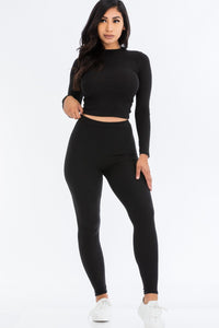 Women's Ribbed Two Piece Crop Top and Leggings Set