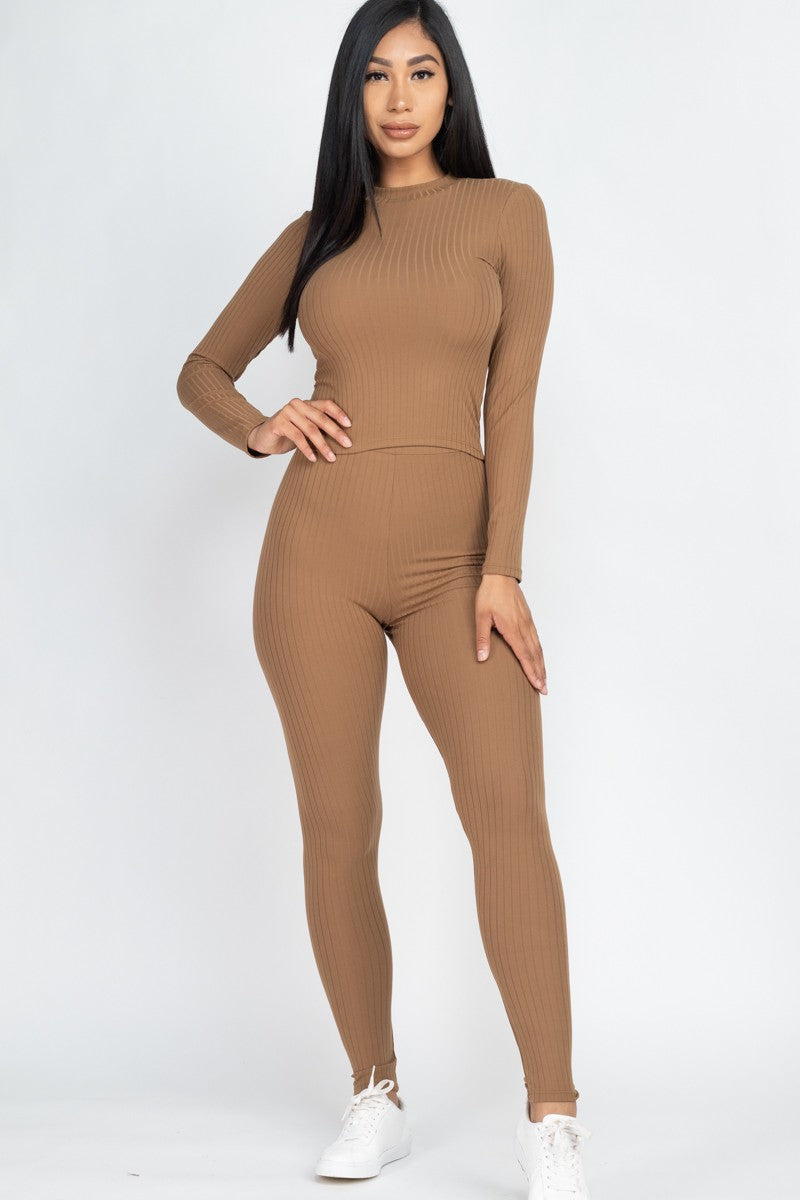Women's Ribbed Two Piece Crop Top and Leggings Set