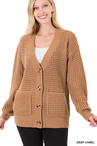 Women's Waffle Cardigan Sweater with Pockets