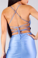 Load image into Gallery viewer, Spaghetti Strap Lace Up Back Ruched Mini Dress
