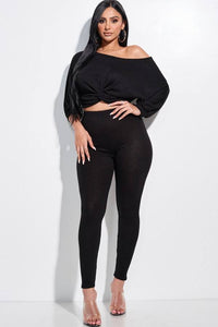 Solid Rib Knit Knotted Front Top And Leggings Two Piece Set - Small Available